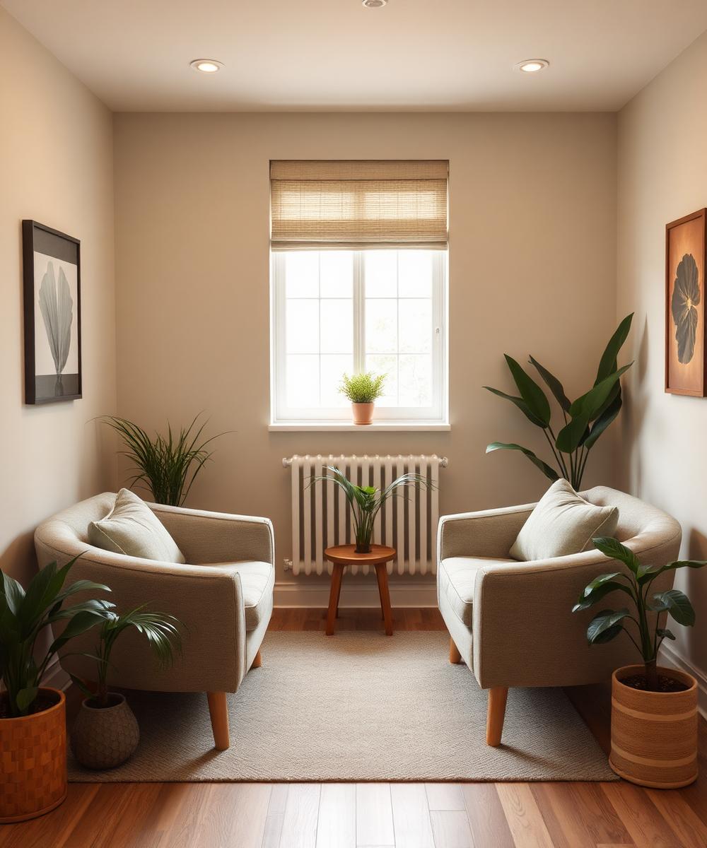 Calm counselling room with warm sage and beige tones